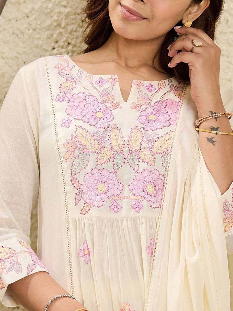 Floral Embroidered Mirror Work  Cotton A-Line Kurta With Trousers & Dupatta