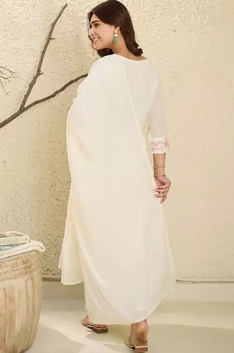 Floral Embroidered Mirror Work  Cotton A-Line Kurta With Trousers & Dupatta