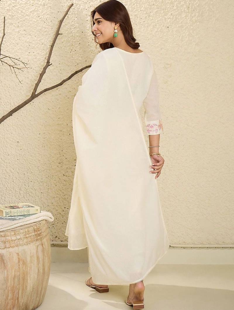 Floral Embroidered Mirror Work  Cotton A-Line Kurta With Trousers & Dupatta