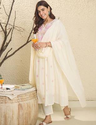 Floral Embroidered Mirror Work  Cotton A-Line Kurta With Trousers & Dupatta 7