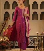 Floral Embroidered Round Neck Zari Straight Kurta & Trousers With Dupatta
