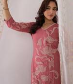 Floral Embroidered Thread Work  Cotton V-Neck Straight Kurta With Trousers