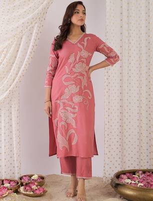 Floral Embroidered Thread Work  Cotton V-Neck Straight Kurta With Trousers 2