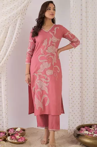 Floral Embroidered Thread Work  Cotton V-Neck Straight Kurta With Trousers