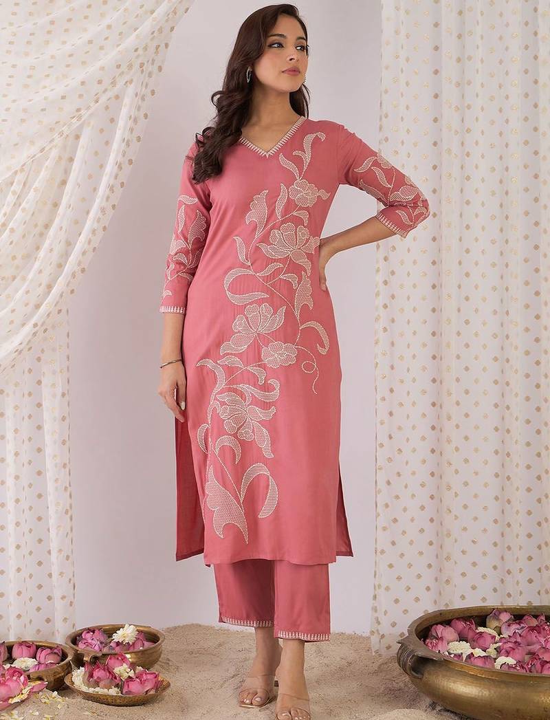 Floral Embroidered Thread Work  Cotton V-Neck Straight Kurta With Trousers