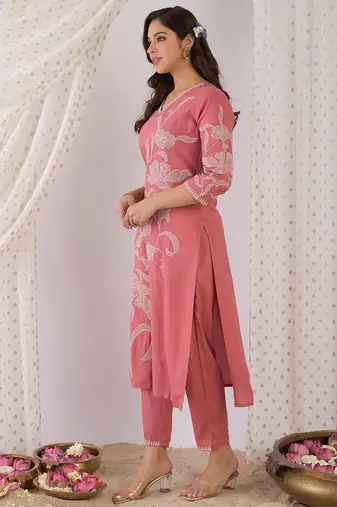 Floral Embroidered Thread Work  Cotton V-Neck Straight Kurta With Trousers