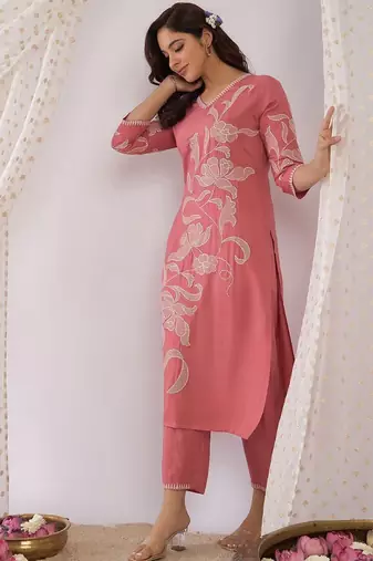 Floral Embroidered Thread Work  Cotton V-Neck Straight Kurta With Trousers