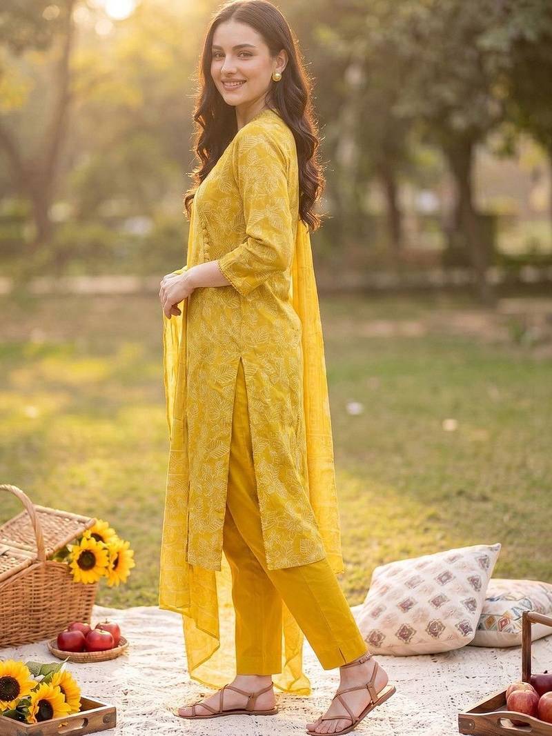 Women Floral Printed Angrakha  Cotton Kurta with Trousers & With Dupatta