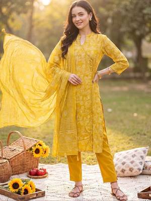 Women Floral Printed Angrakha  Cotton Kurta with Trousers & With Dupatta 1
