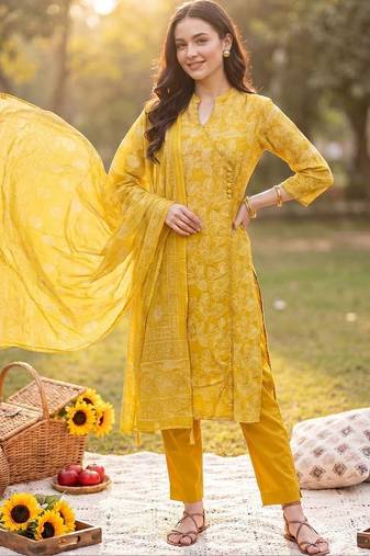 Women Floral Printed Angrakha Cotton Kurta with Trousers & With Dupatta