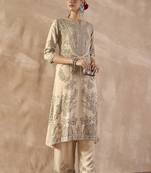 Ethnic Motifs Printed Notch Neck Sequinned Straight Kurta With Trousers