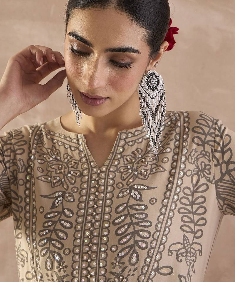 Ethnic Motifs Printed Notch Neck Sequinned Straight Kurta With Trousers