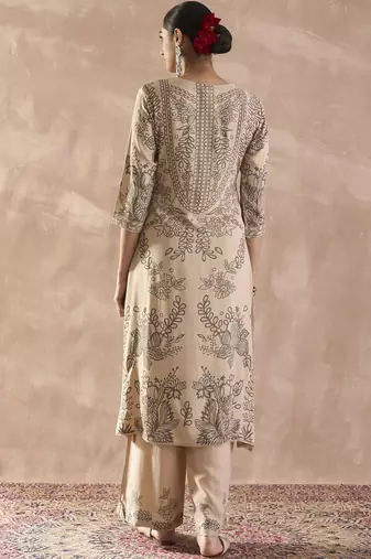 Ethnic Motifs Printed Notch Neck Sequinned Straight Kurta With Trousers