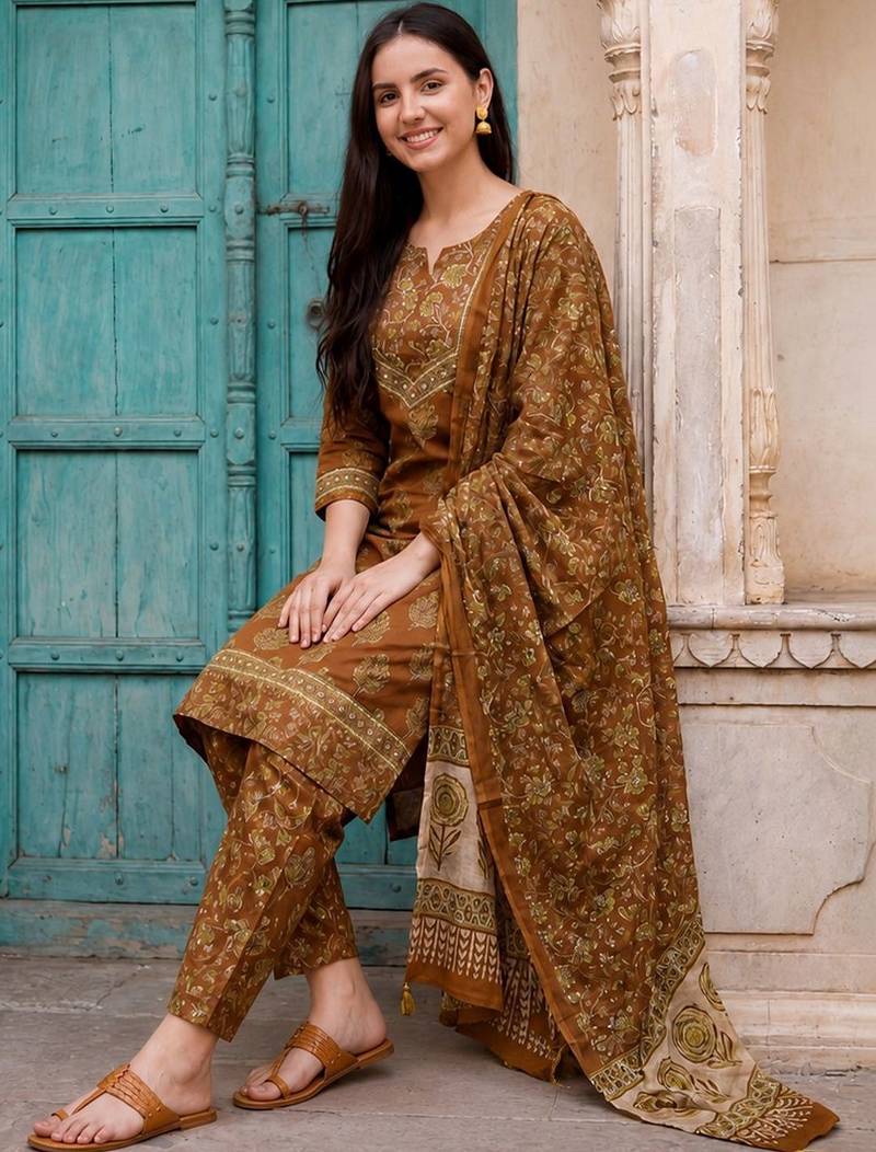 Women Floral Printed Regular  Cotton Kurta with Trousers & With Dupatta