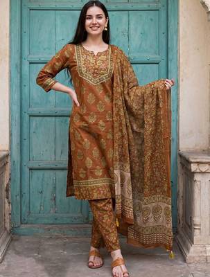 Women Floral Printed Regular  Cotton Kurta with Trousers & With Dupatta 6