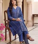 Women Ethnic Motifs Printed Empire Thread Work Cotton Kurta Trousers & Dupatta