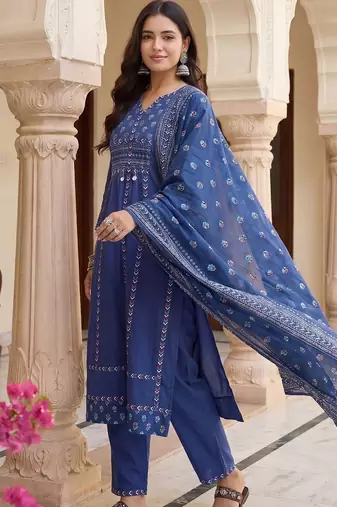 Women Ethnic Motifs Printed Empire Thread Work Cotton Kurta Trousers & Dupatta