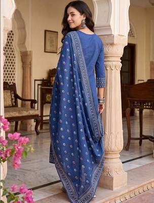 Women Ethnic Motifs Printed Empire Thread Work Cotton Kurta Trousers & Dupatta 6