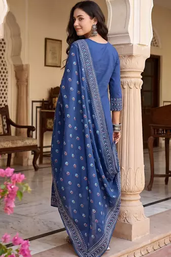 Women Ethnic Motifs Printed Empire Thread Work Cotton Kurta Trousers & Dupatta
