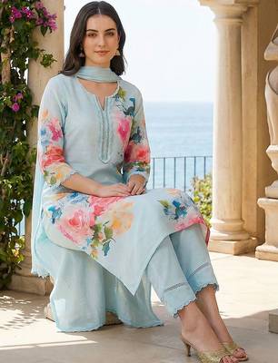 Women Floral Printed Regular Thread Work Linen Kurta with Trousers & With Dupatta 1