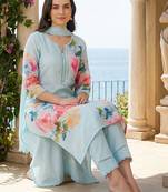 Women Floral Printed Regular Thread Work Linen Kurta with Trousers & With Dupatta