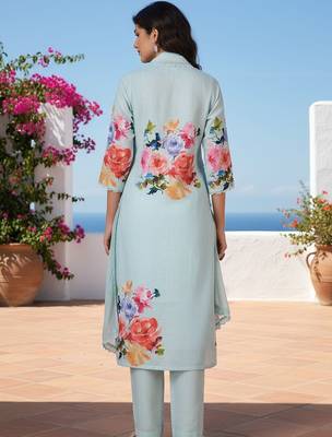 Women Floral Printed Regular Thread Work Linen Kurta with Trousers & With Dupatta 2