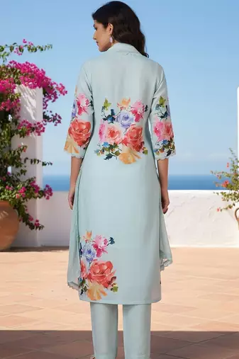 Women Floral Printed Regular Thread Work Linen Kurta with Trousers & With Dupatta