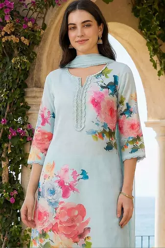 Women Floral Printed Regular Thread Work Linen Kurta with Trousers & With Dupatta