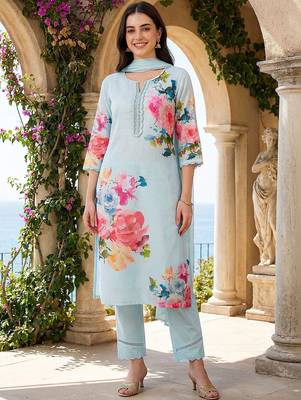 Women Floral Printed Regular Thread Work Linen Kurta with Trousers & With Dupatta 4