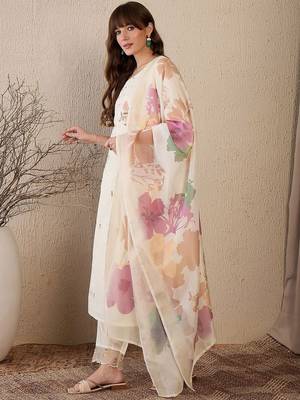 Women Floral Embroidered Regular Mirror Work Chanderi Silk Kurta with Trousers & With Dupatta 4