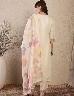 Women Floral Embroidered Regular Mirror Work Chanderi Silk Kurta with Trousers & With Dupatta 5