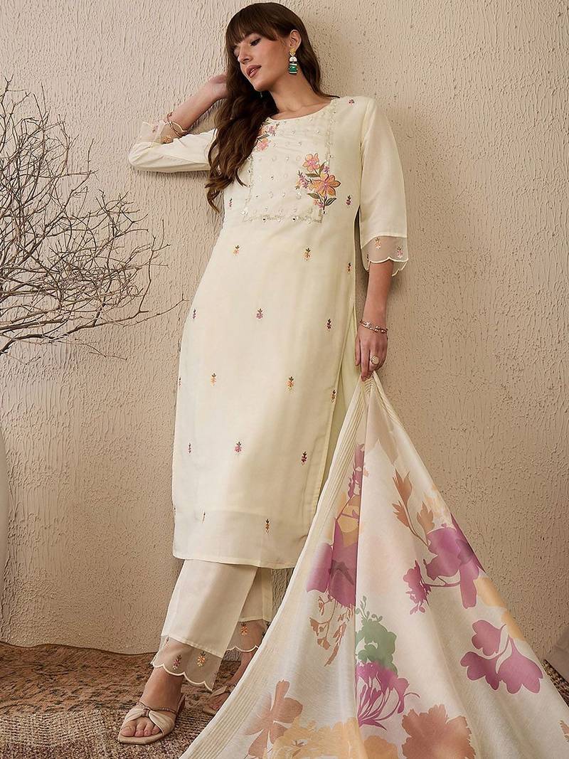 Women Floral Embroidered Regular Mirror Work Chanderi Silk Kurta with Trousers & With Dupatta