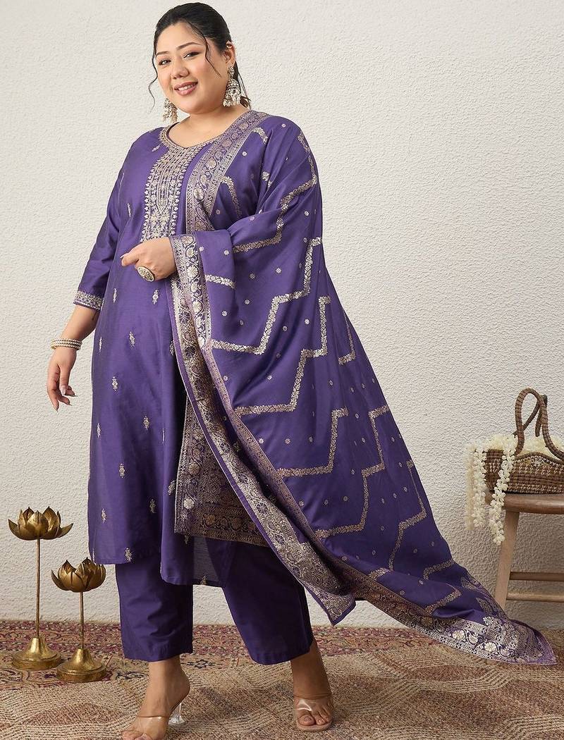 Plus Size Ethnic Motifs Embroidered Regular Kurta with Trousers & With Dupatta
