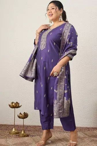 Plus Size Ethnic Motifs Embroidered Regular Kurta with Trousers & With Dupatta