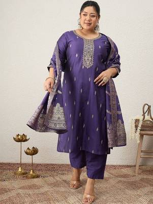Plus Size Ethnic Motifs Embroidered Regular Kurta with Trousers & With Dupatta 6