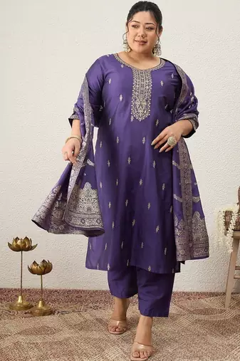 Plus Size Ethnic Motifs Embroidered Regular Kurta with Trousers & With Dupatta