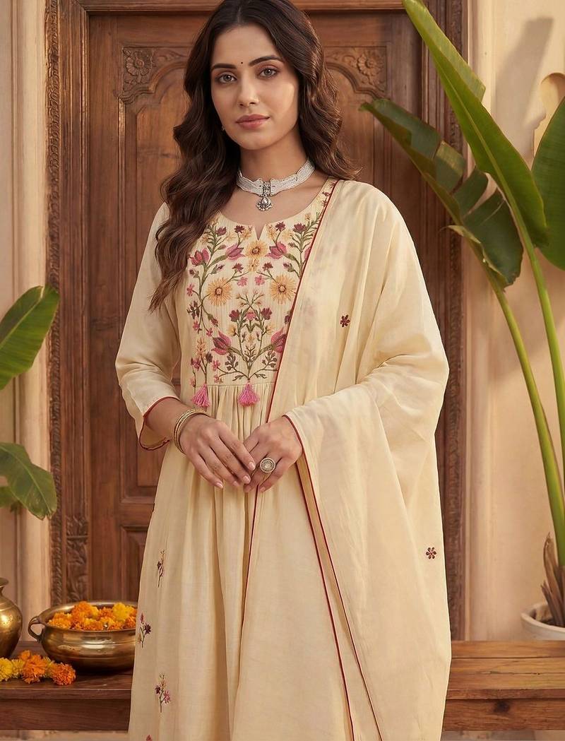 Women Floral Embroidered Empire Thread Work Kurta with Trousers & With Dupatta