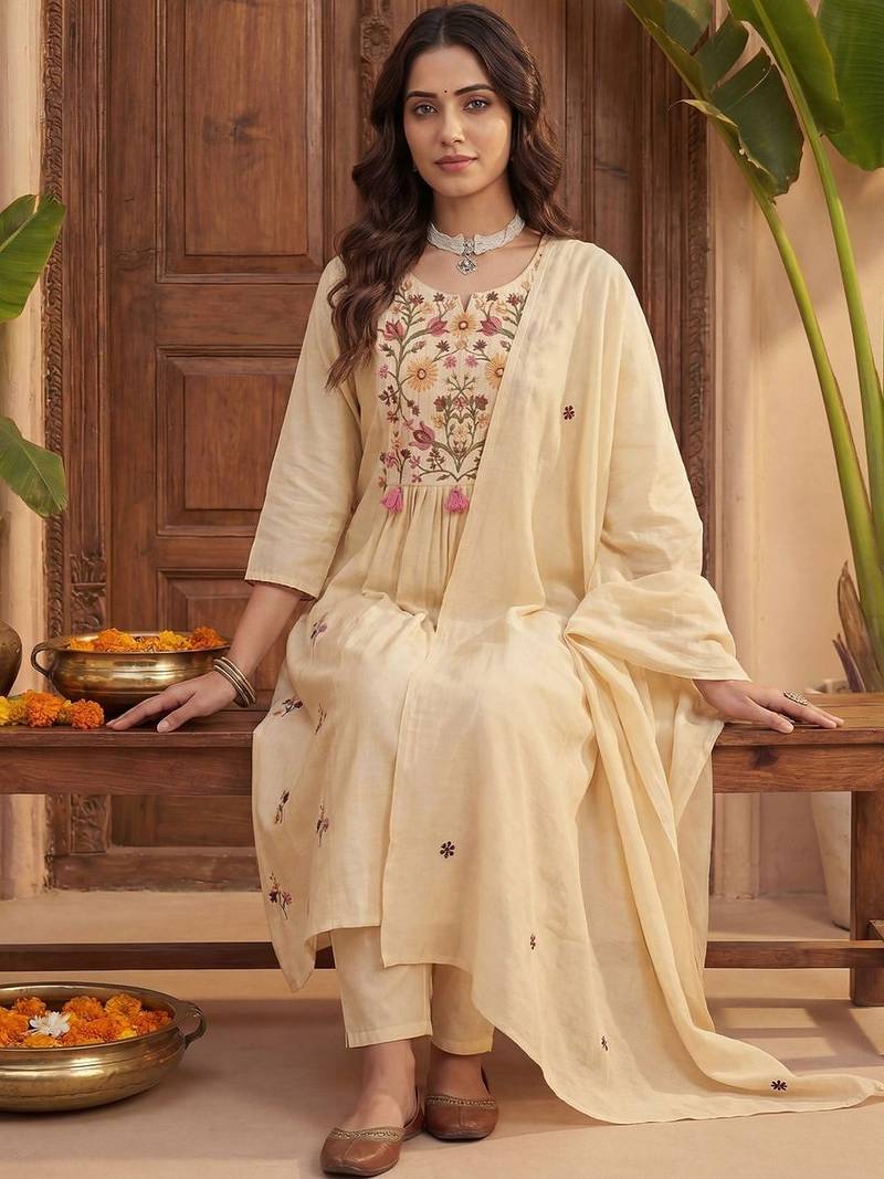 Women Floral Embroidered Empire Thread Work Kurta with Trousers & With Dupatta