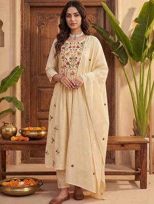 Women Floral Embroidered Empire Thread Work Kurta with Trousers & With Dupatta 4