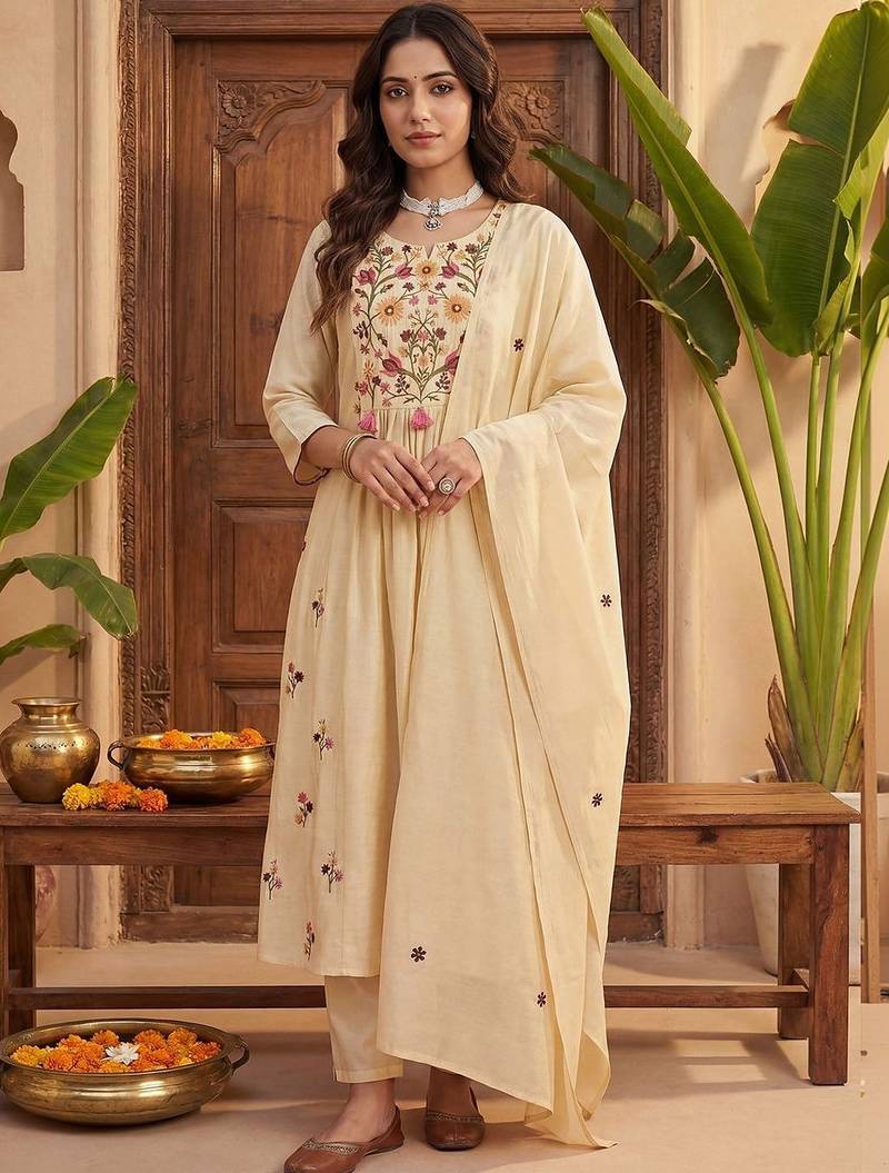 Women Floral Embroidered Empire Thread Work Kurta with Trousers & With Dupatta