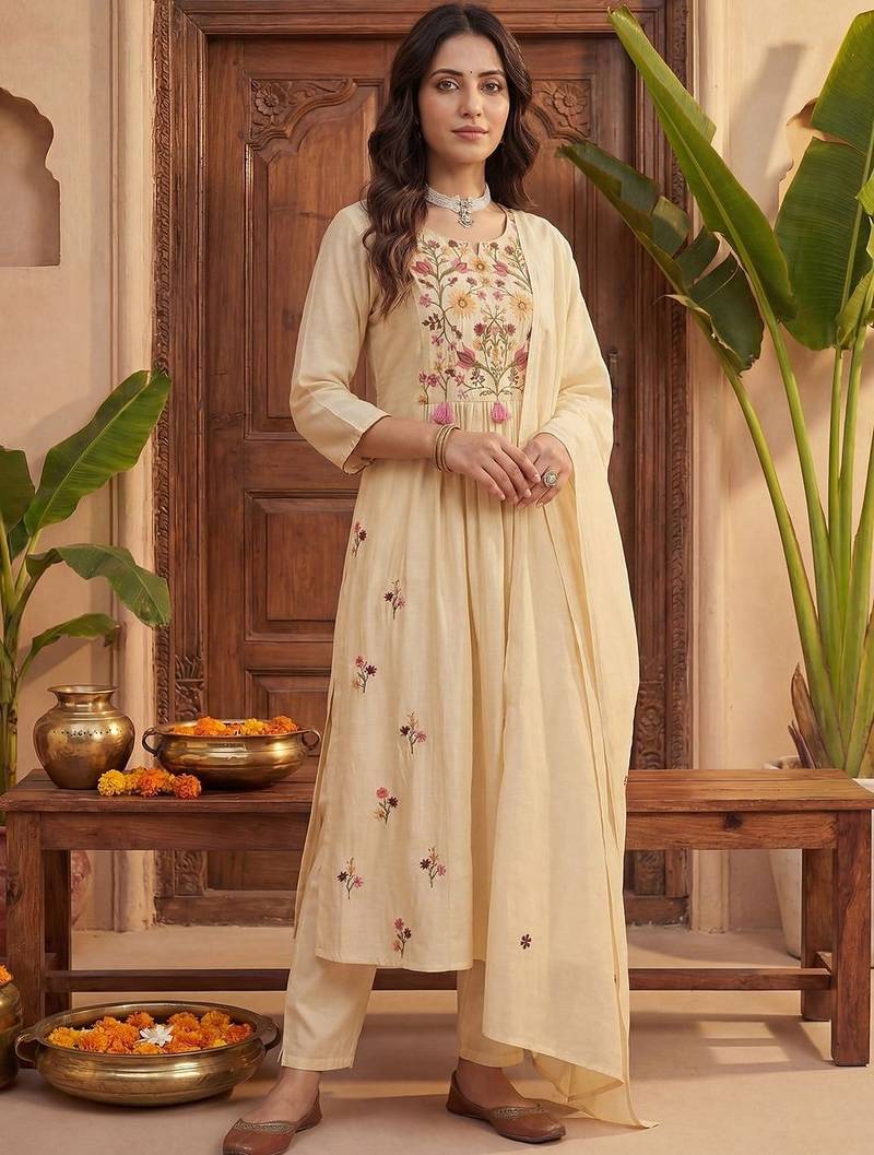 Women Floral Embroidered Empire Thread Work Kurta with Trousers & With Dupatta