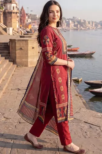 Women Ethnic Motifs Printed Regular  Cotton Kurta with Trousers & With Dupatta