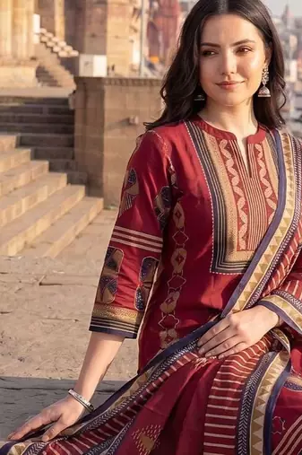 Women Ethnic Motifs Printed Regular  Cotton Kurta with Trousers & With Dupatta