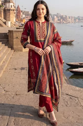 Women Ethnic Motifs Printed Regular  Cotton Kurta with Trousers & With Dupatta