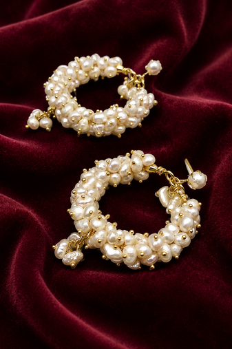 Freshwater pearl cluster hoop earrings with gold accents