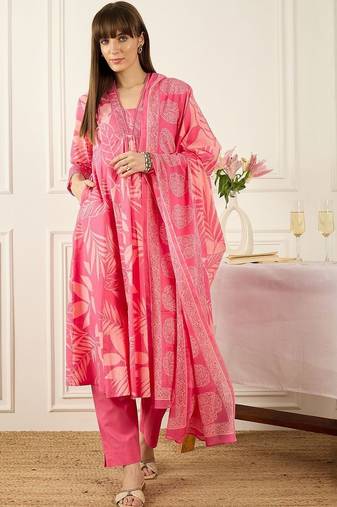 Floral Printed Thread Work  Cotton Kurta With Palazzos & Dupatta