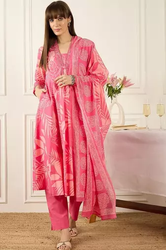 Floral Printed Thread Work  Cotton Kurta With Palazzos & Dupatta