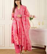 Floral Printed Thread Work  Cotton Kurta With Palazzos & Dupatta