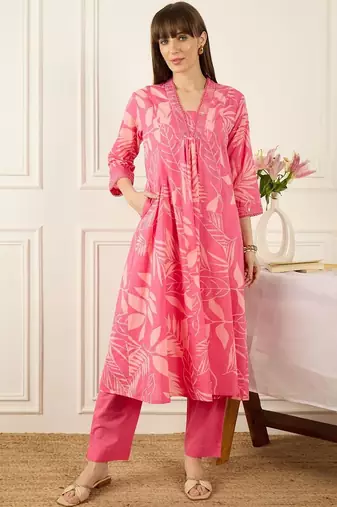 Floral Printed Thread Work  Cotton Kurta With Palazzos & Dupatta