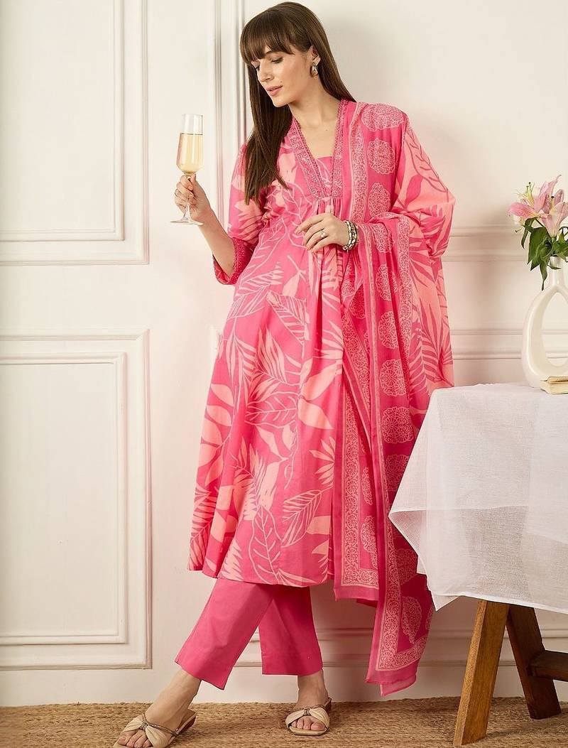 Floral Printed Thread Work  Cotton Kurta With Palazzos & Dupatta